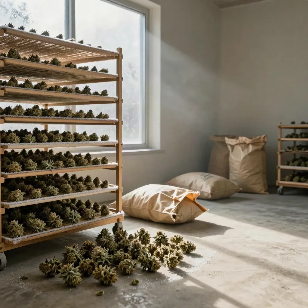 Drying hemp buds on mesh racks in a frosty Denver room with kraft sacks and window reflections.