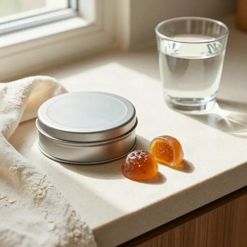 Top-down gummy setup with tin, halved chew, water glass, and folded cloth on a pale counter.