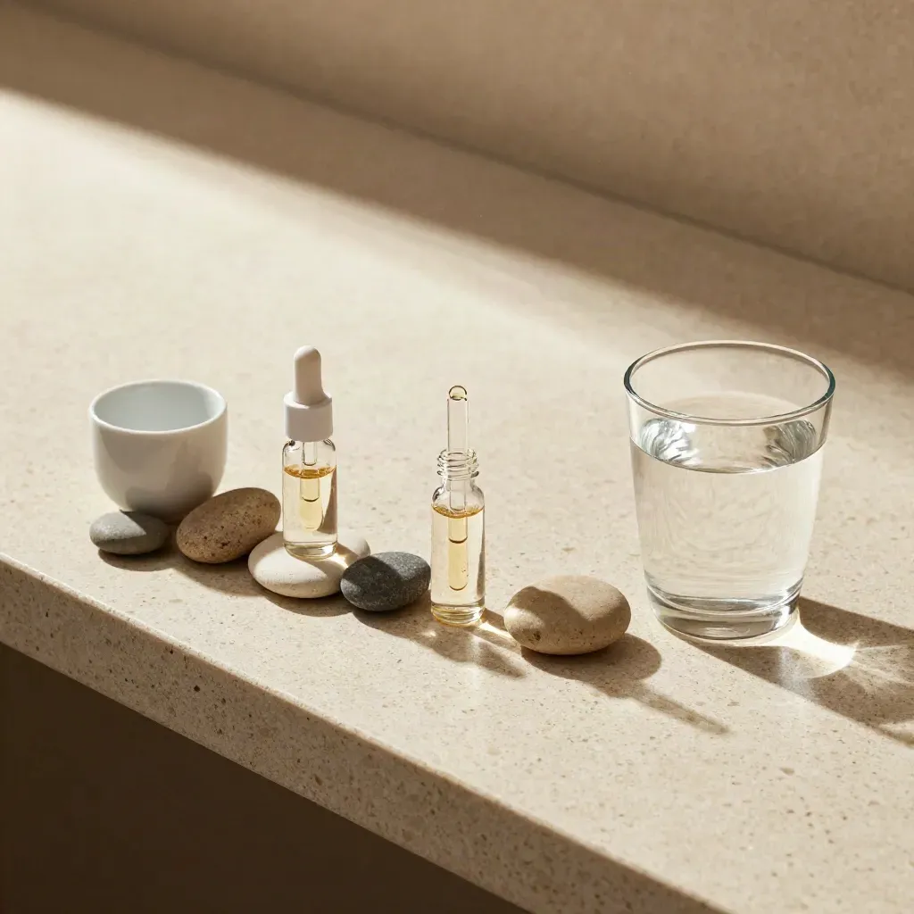 Top-down CBD dosage flat lay with droppers, stones, ceramic cup, and water glass on stone.