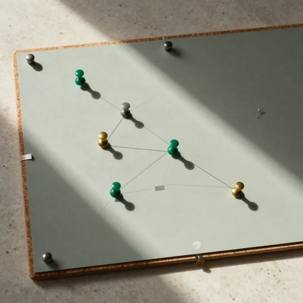 Top-down state-shaped compliance board with pins and thread lines on travertine