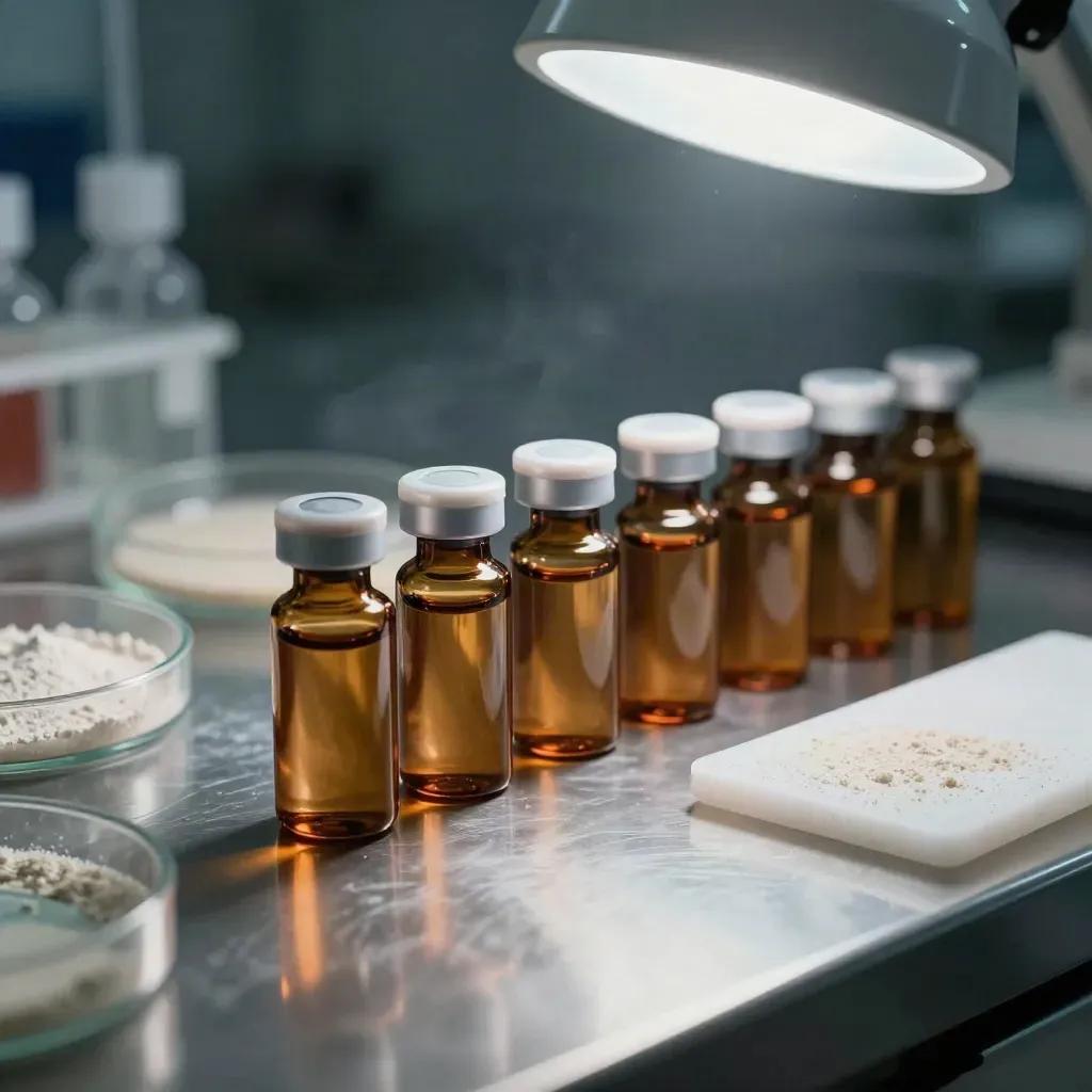 Amber sample vials beside petri dishes and a silica tray on steel under a task lamp.