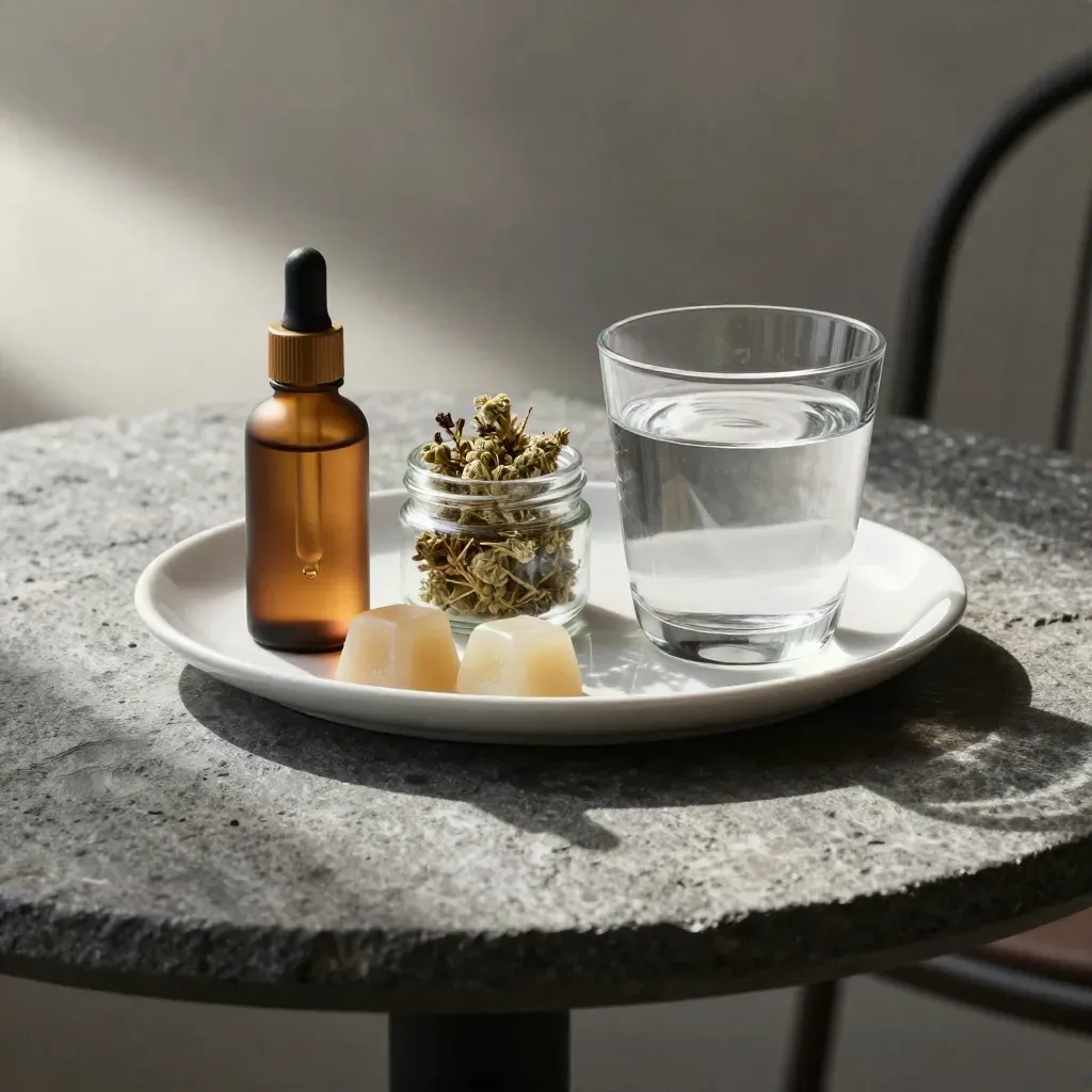 Tincture bottle, two gummies, flower jar and water on charcoal stone, lit by soft morning light.